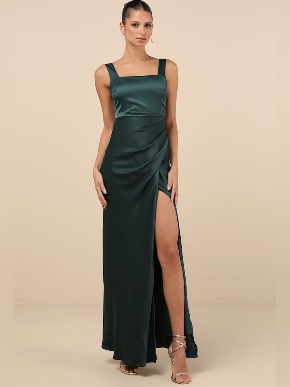 NWT Lulus Red Carpet Romance Emerald Green Satin Square Neck Maxi Dress